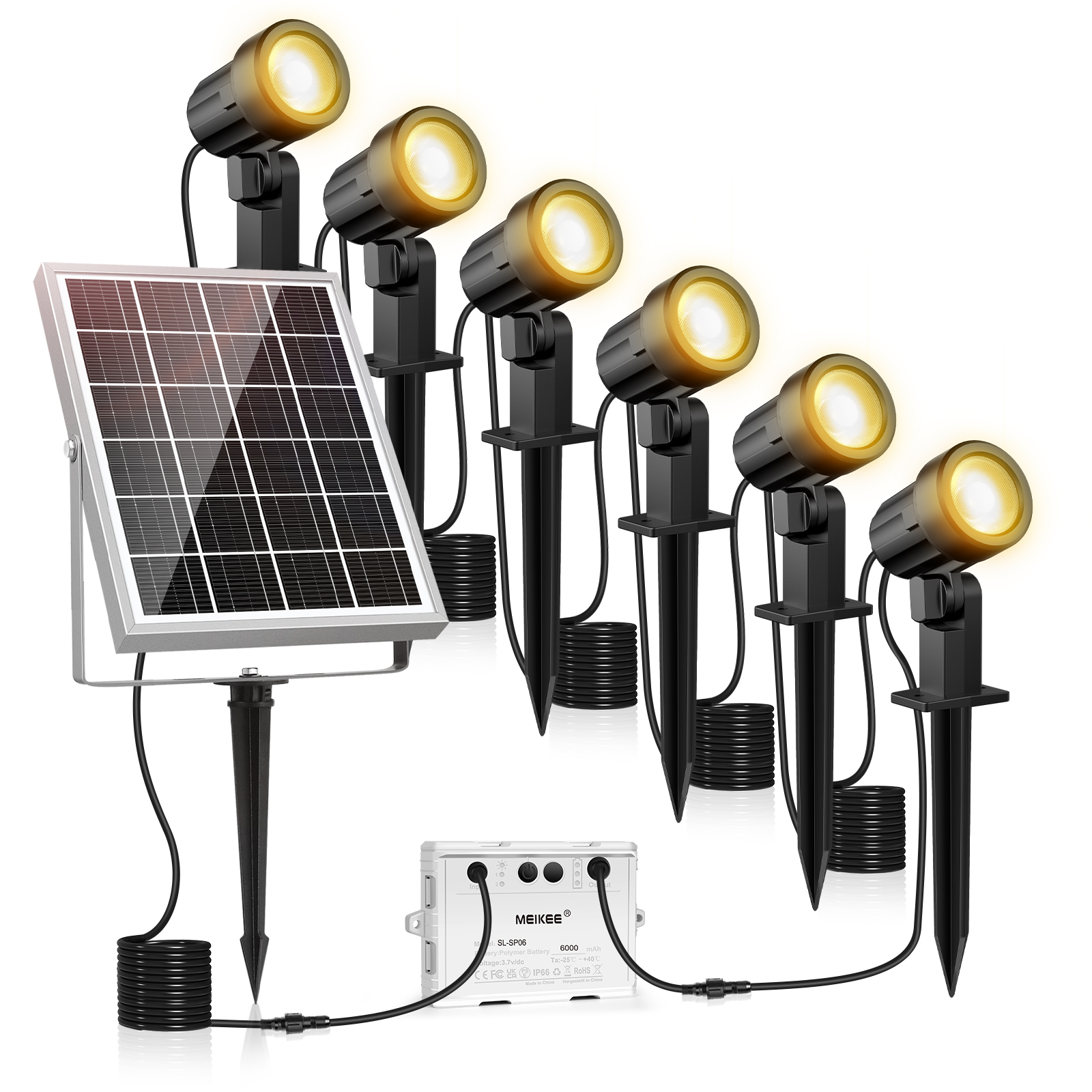 MEIKEE 6 in 1 Solar Spot Lights Outdoor Garden, Solar Spike Light 3000K Warm White, Solar Garden Spotlight IP66 Waterproof, Solar Landscape Spotlights for Yard Lawn Tree Pathway