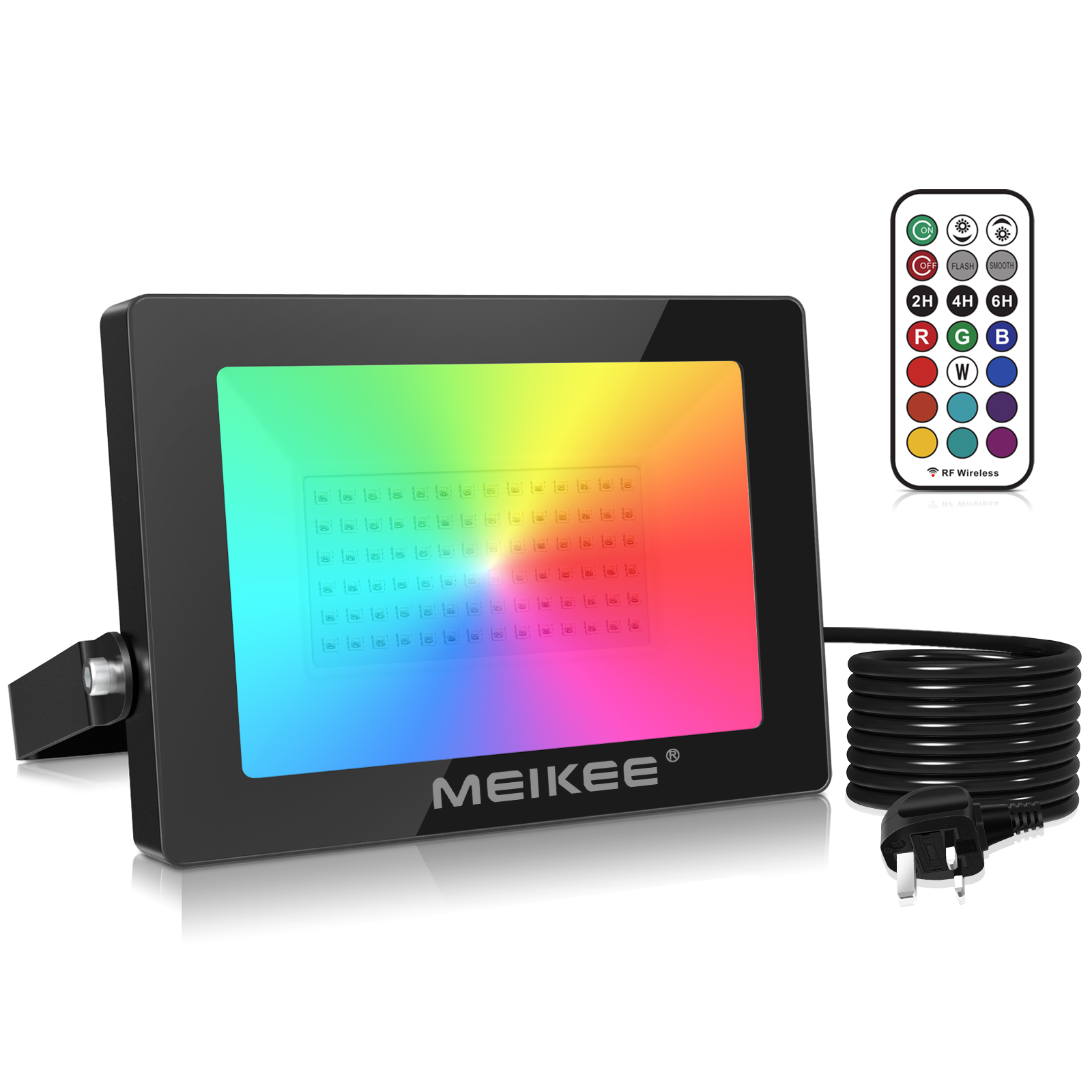 meikeelighting，MEIKEE，深圳市欧美克照明科技有限公司-MEIKEE 100W RGB Lights Led Floodlight  360° Remote Control Christmas Lights Auto Timer IP66 Waterproof Colour  Changing Light Outdoor Decoration for Halloween Birthday Party Easter  Strobe Garden Pond